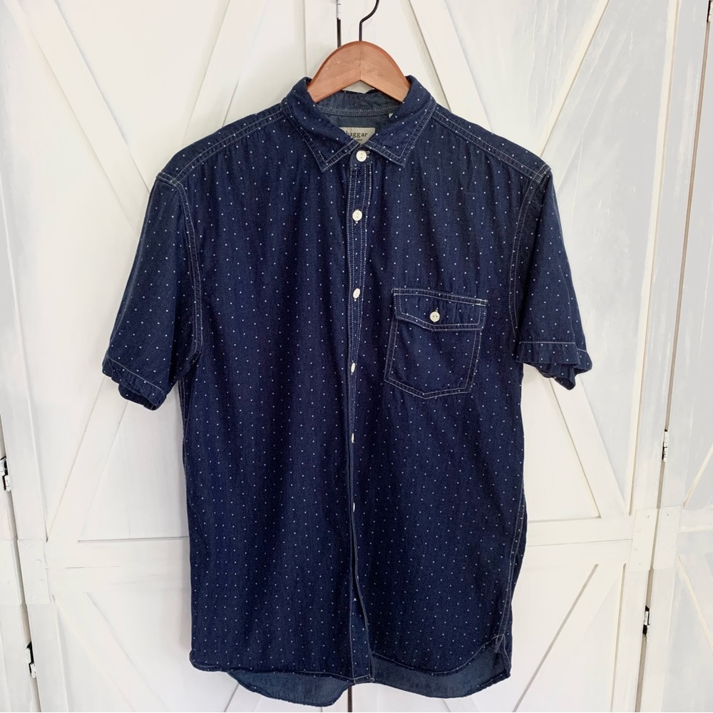 Haggar Urban Dotted Denim chambray Casual Short Sleeve Button Down Shirt